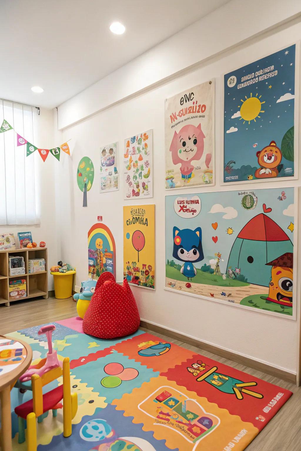 A joyful room accentuated by playful and fun posters.