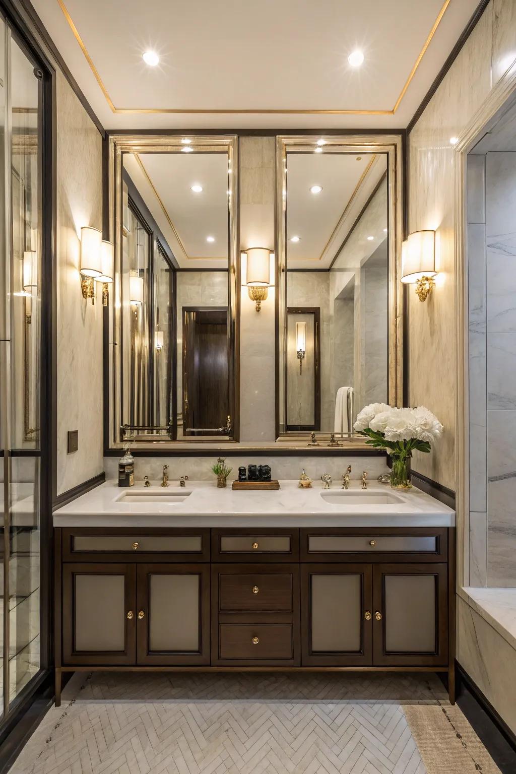 A powder room employing mirrored finishes to enhance area.