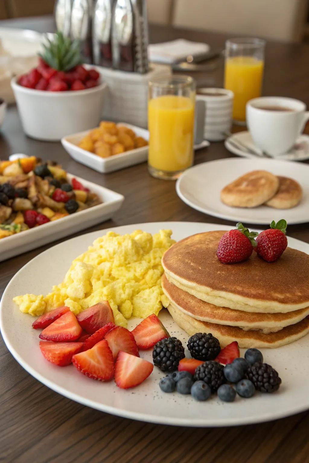 A table set with breakfast foods, offering pancakes, eggs, and fresh fruits.