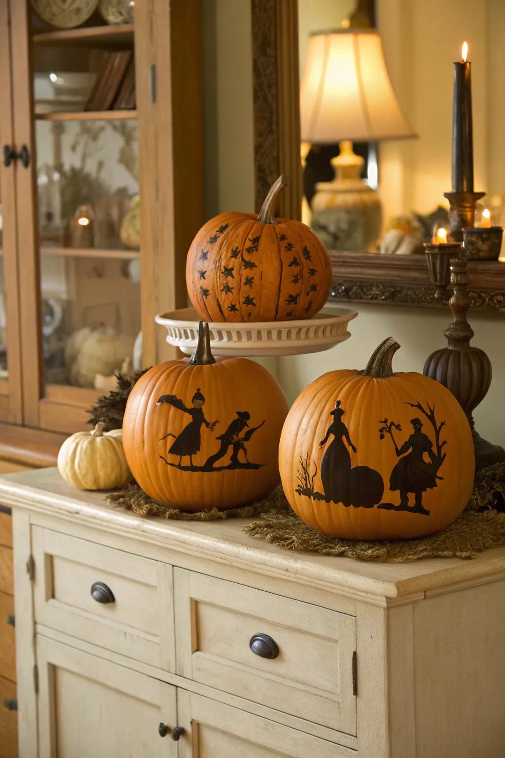 Add nostalgic charm with retro silhouette pumpkin art.