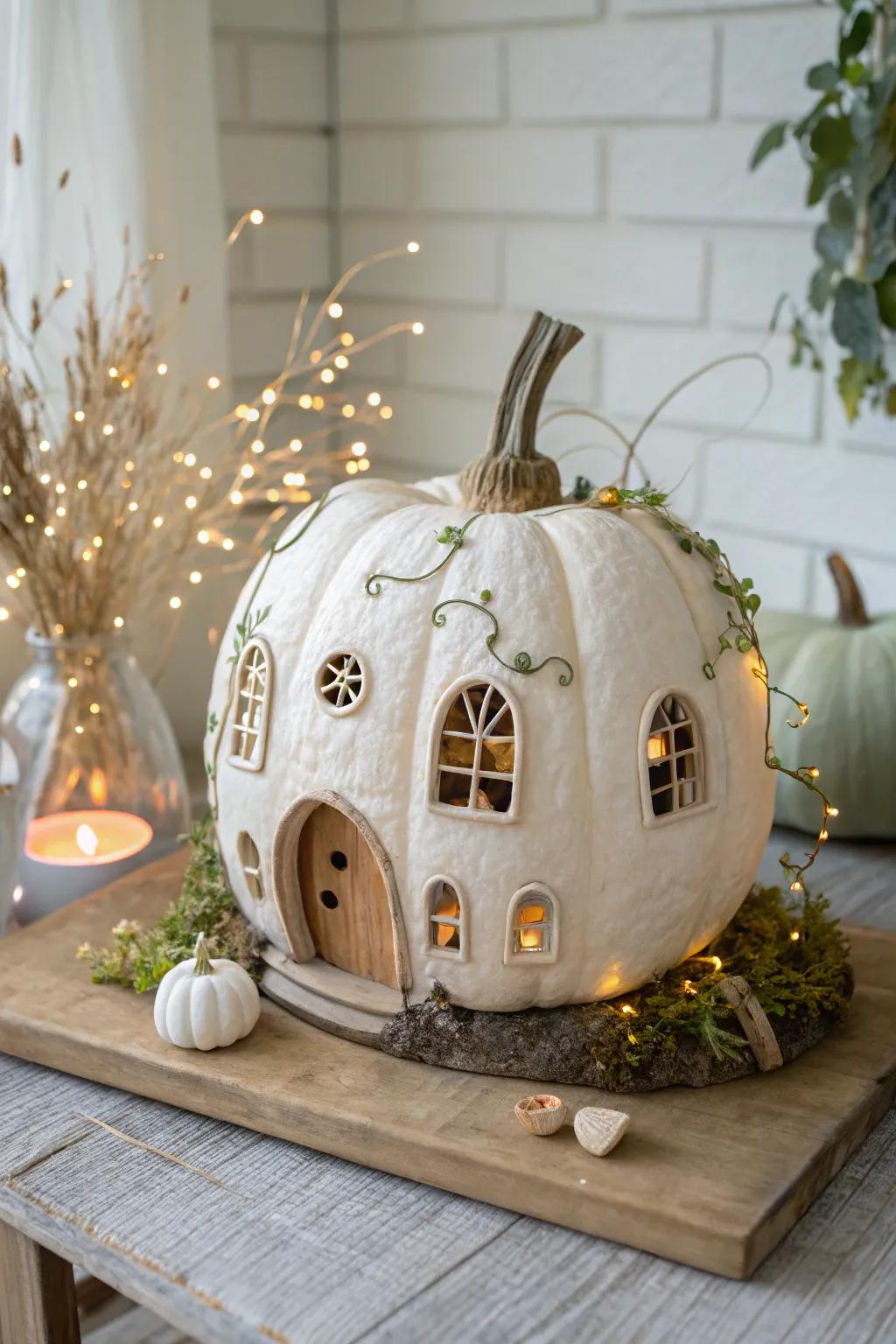 Discover the magic within this enchanting pumpkin fairy house with hidden nooks!