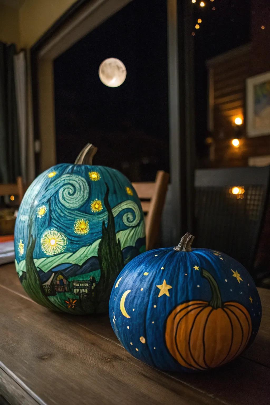Starry night pumpkins add a celestial charm to fall decorations.
