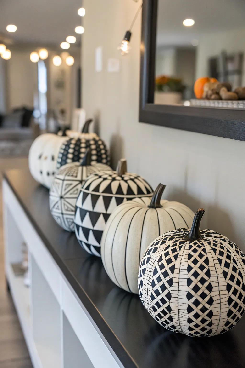 Chic monochrome pumpkins showcasing geometric patterns.