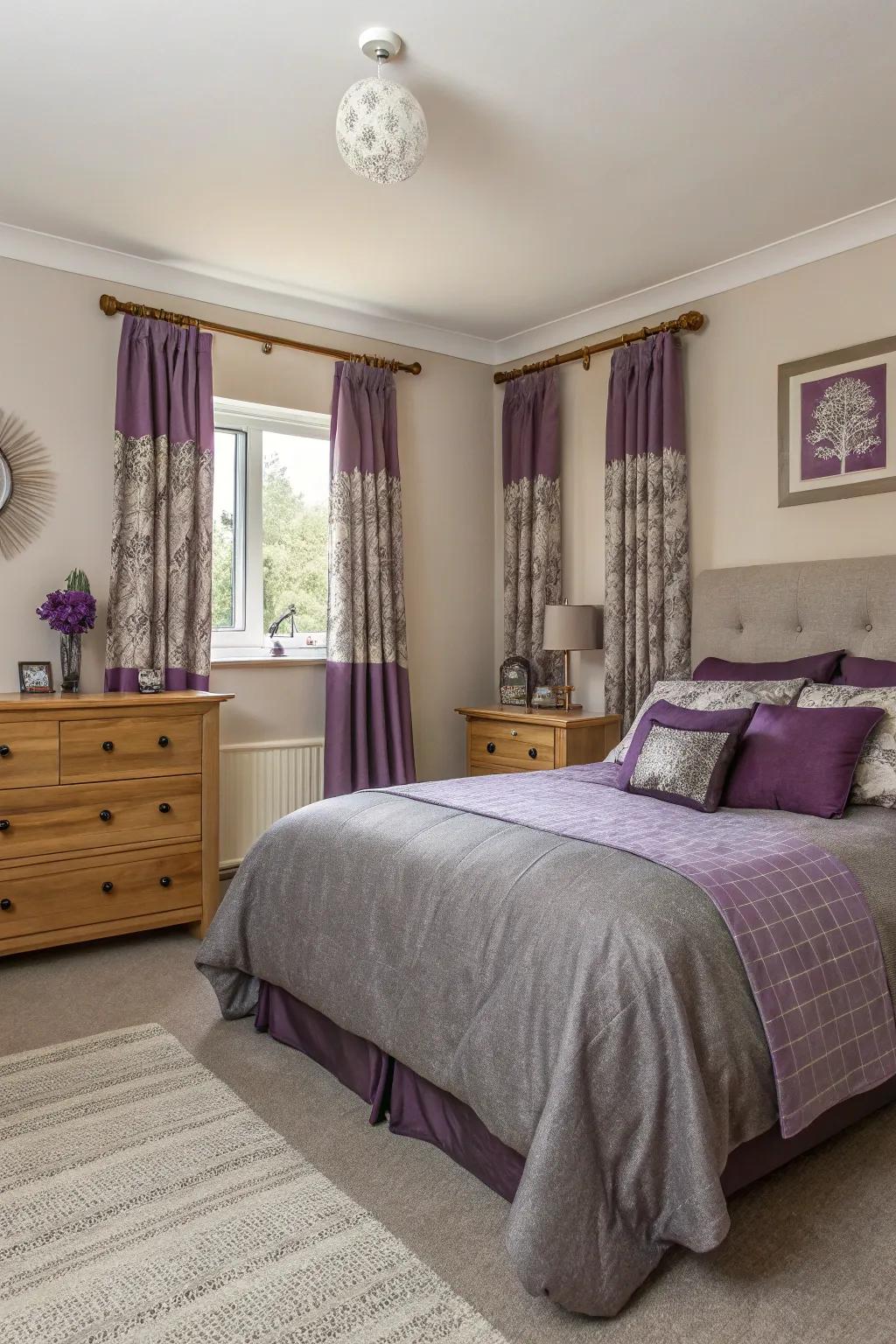 Purple mixed with delicate neutrals establishes a cultured balance.