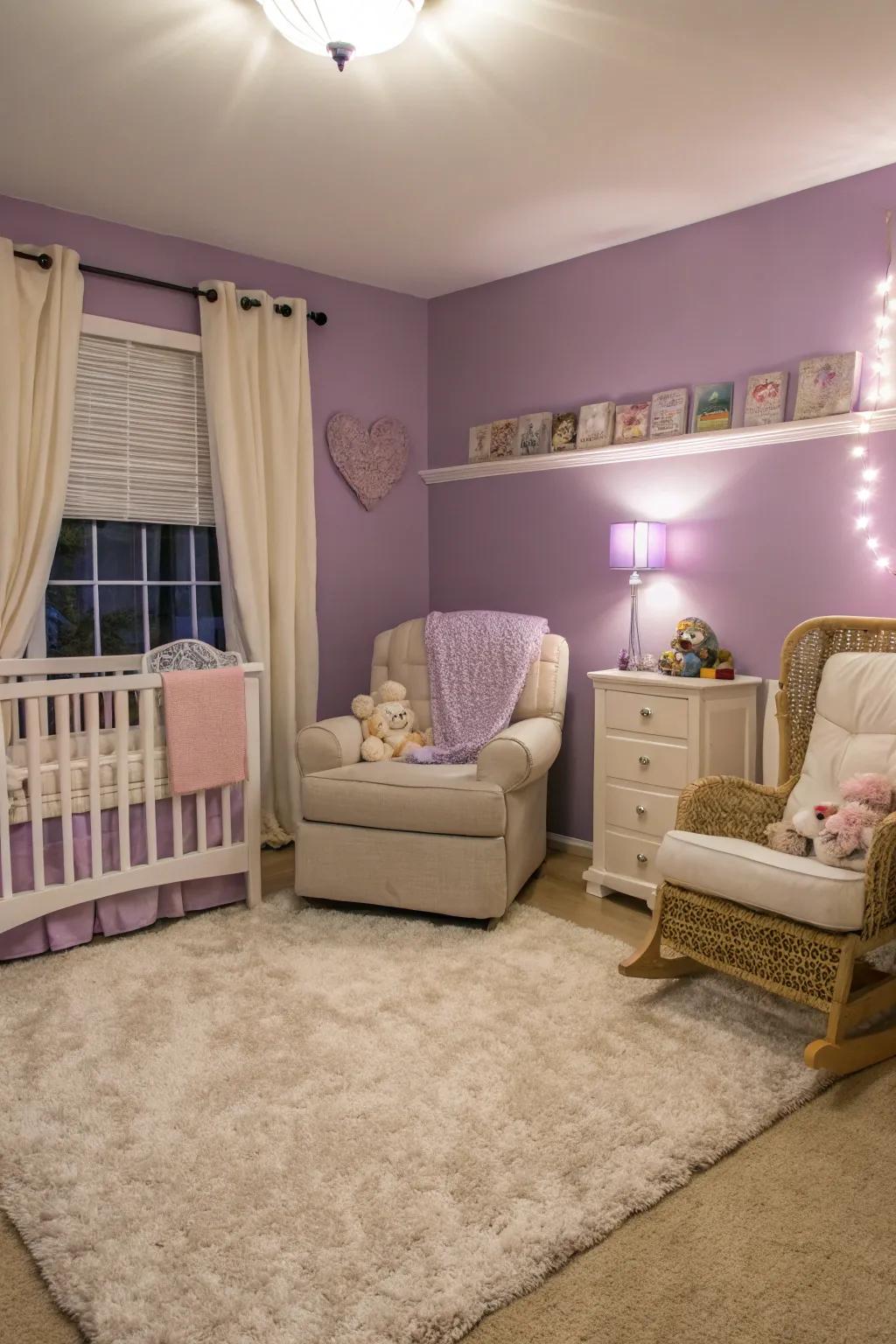 A soothing child room accentuated by soft purple walls.