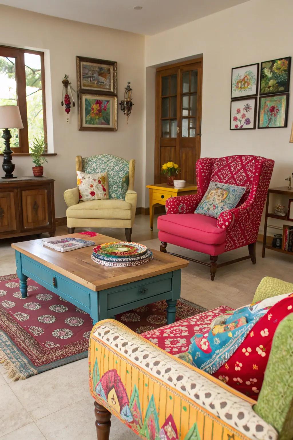 Repurposed furniture with quirky paint jobs.