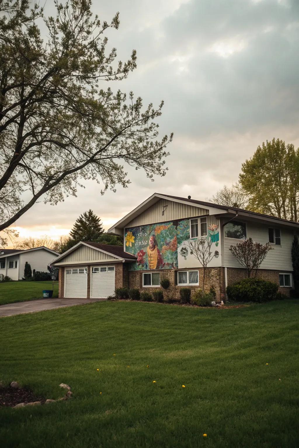 A mural transforming the garage wall of a raised ranch.