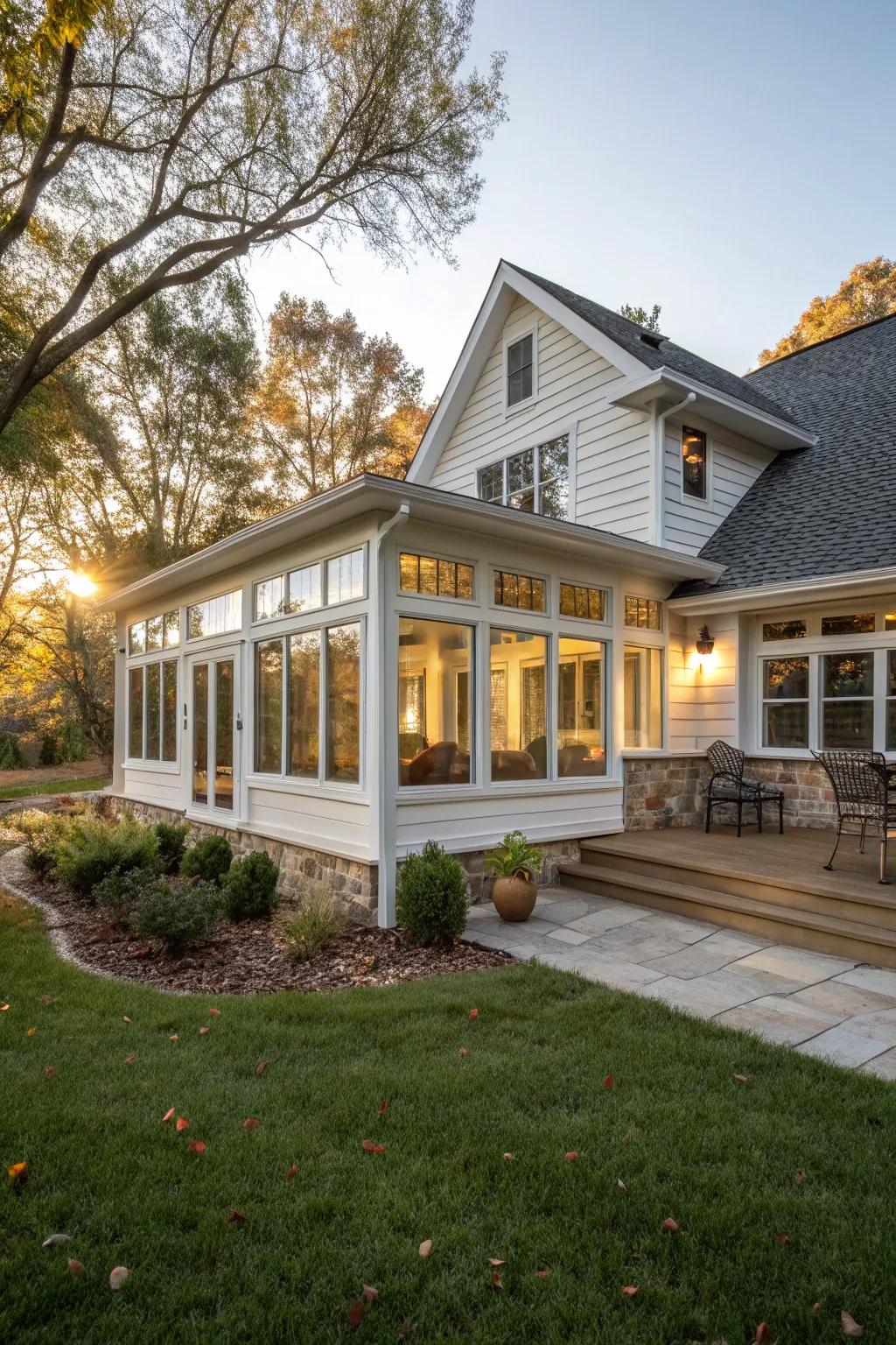 A sunroom enlargement delivers extra space and abundant light in this expanded ranch house.