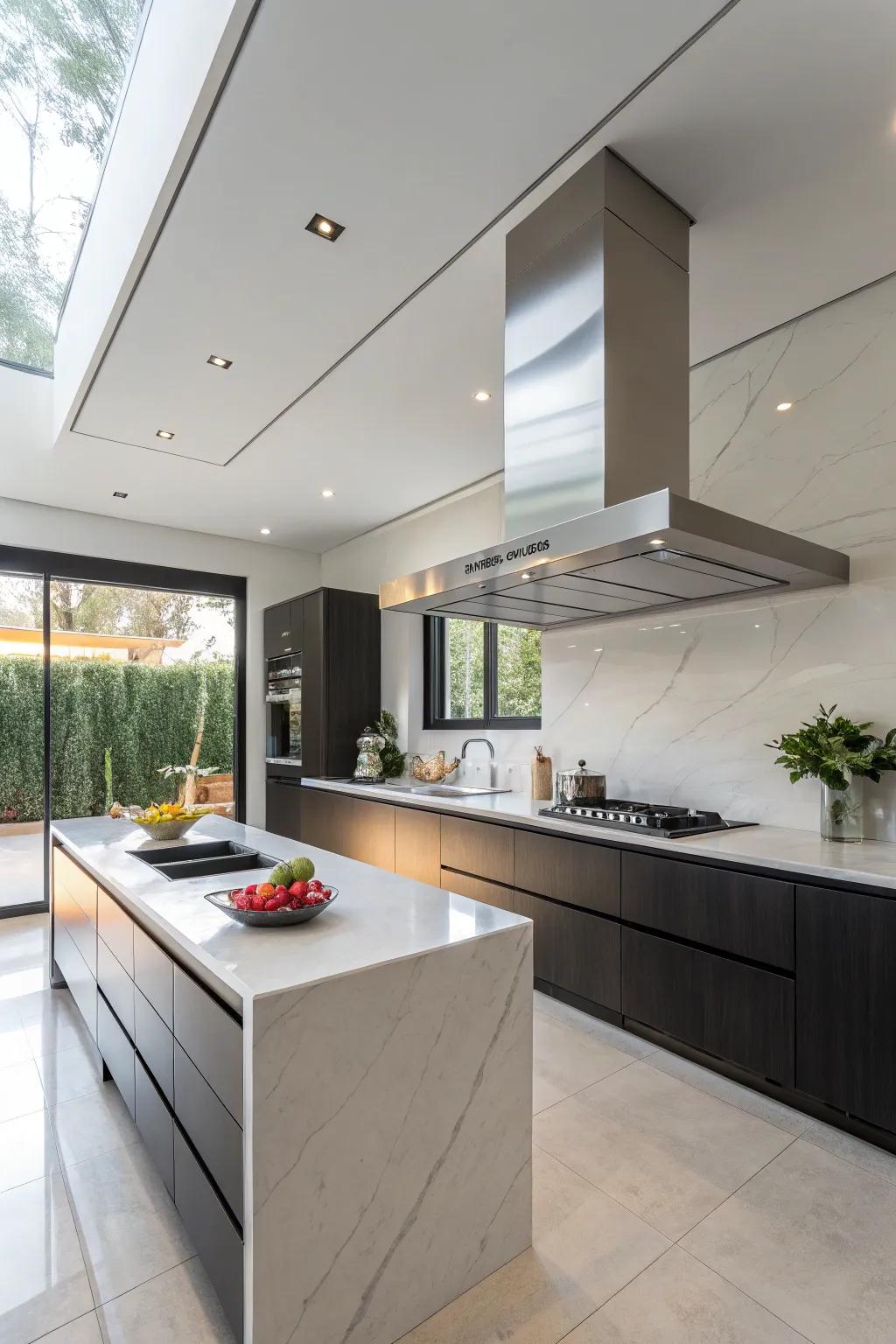 Concealed range hood fosters a tidy and streamlined kitchen aesthetic.