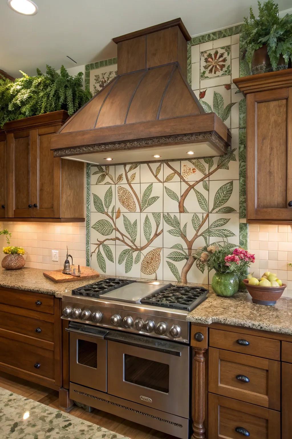 Kitchen featuring a nature-inspired tile backsplash with an earthy vent hood for outdoor vibes.