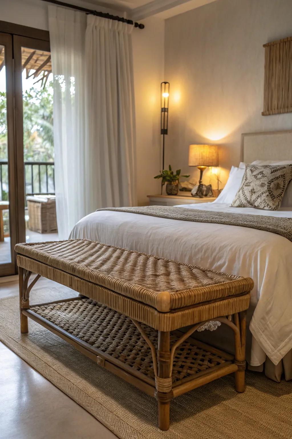 A rattan bench includes style and function to your bedroom.