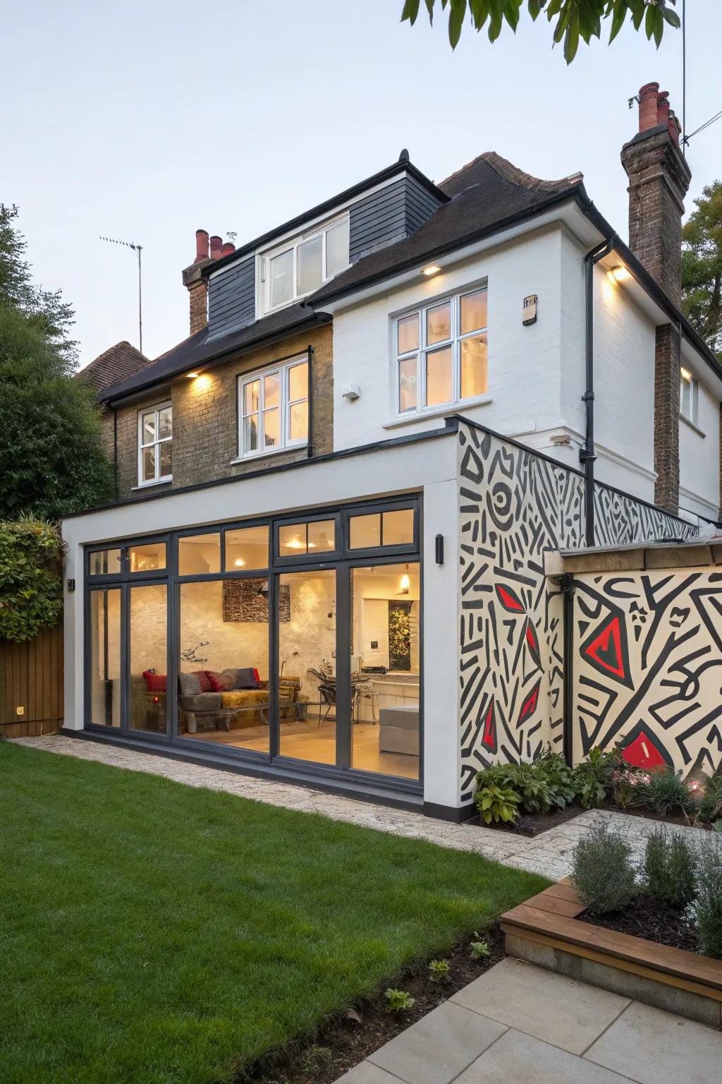 A back house extension featuring a bold artistic statement wall for added flair.
