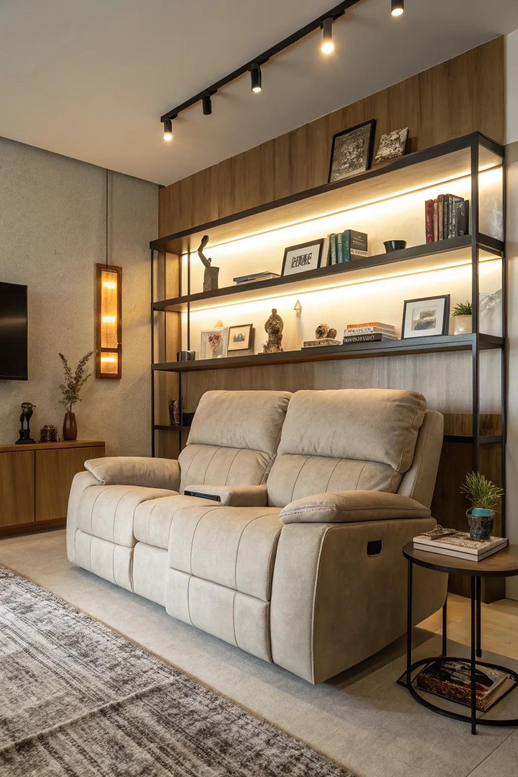 A functional living room with stylish wall-mounted shelves perfectly complementing the recliner sofa.