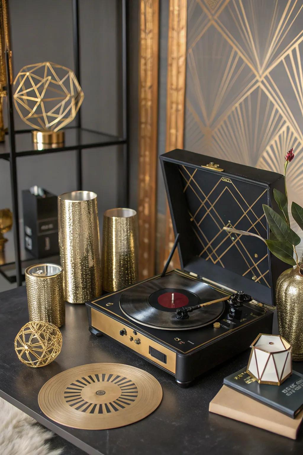 Art Deco glamour is on display in this record player setup.