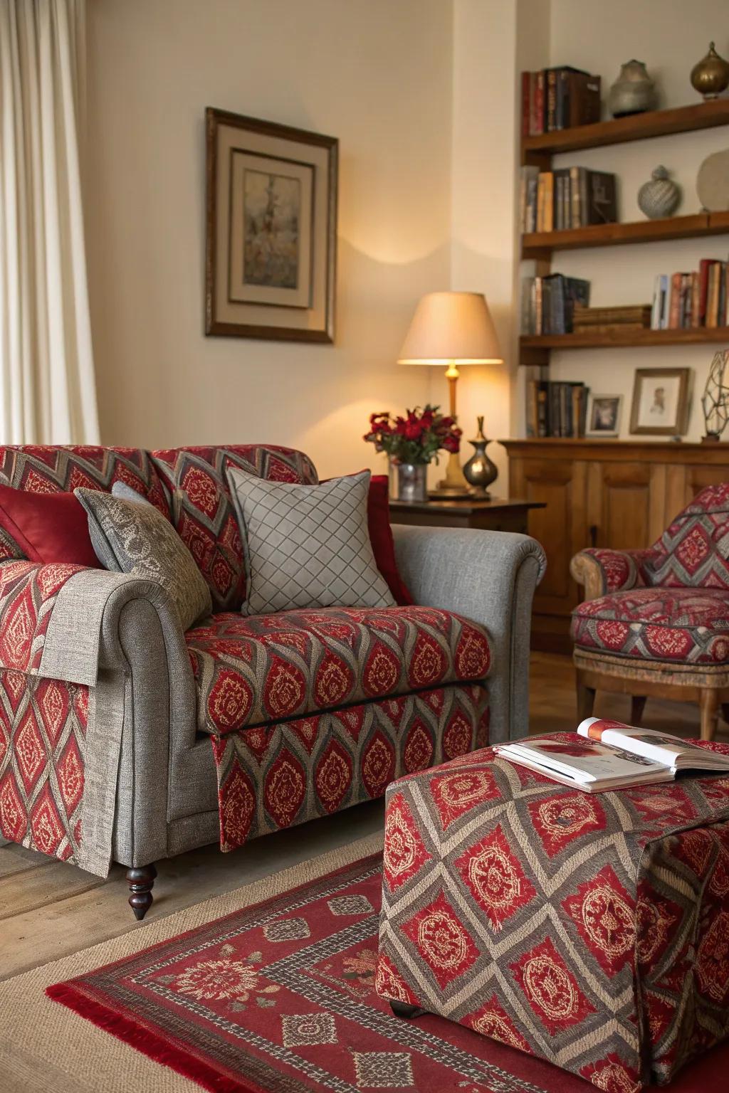 Textiles mixing patterns of red and grey style up the lounge.