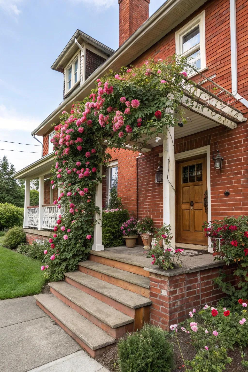 Climbing roses on a trellis add romantic charm to this red brick porch.