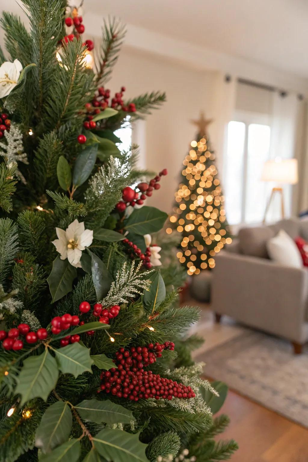 Seasonal florals enhance the tree's natural allure.