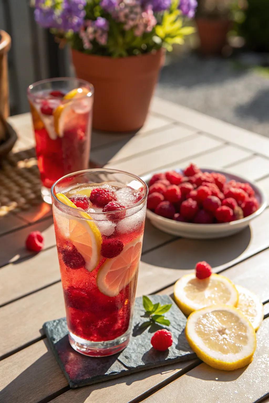 Raspberry lemonade offers a reviving drink choice.