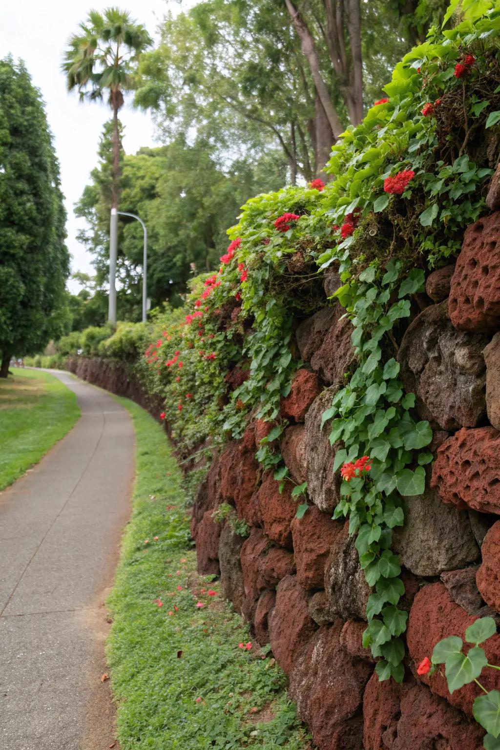A DIY rock wall with crimson volcanic stones contributes character and profundity to the garden.
