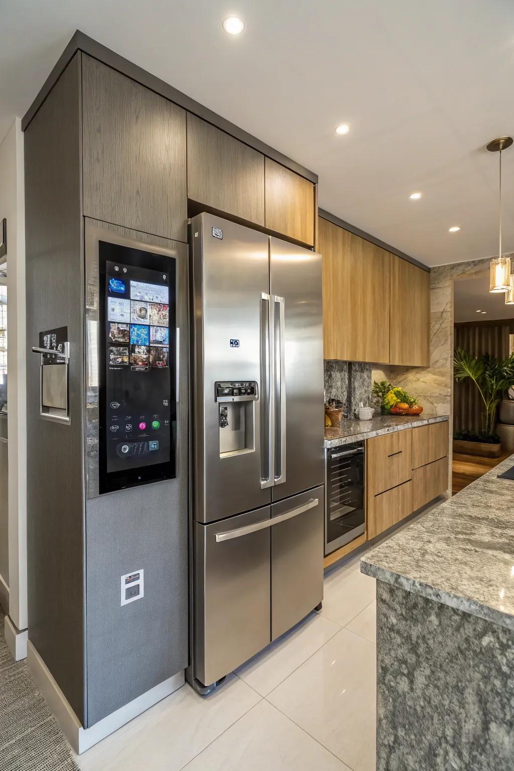 Advanced features surrounding the refrigerator create a futuristic kitchen.