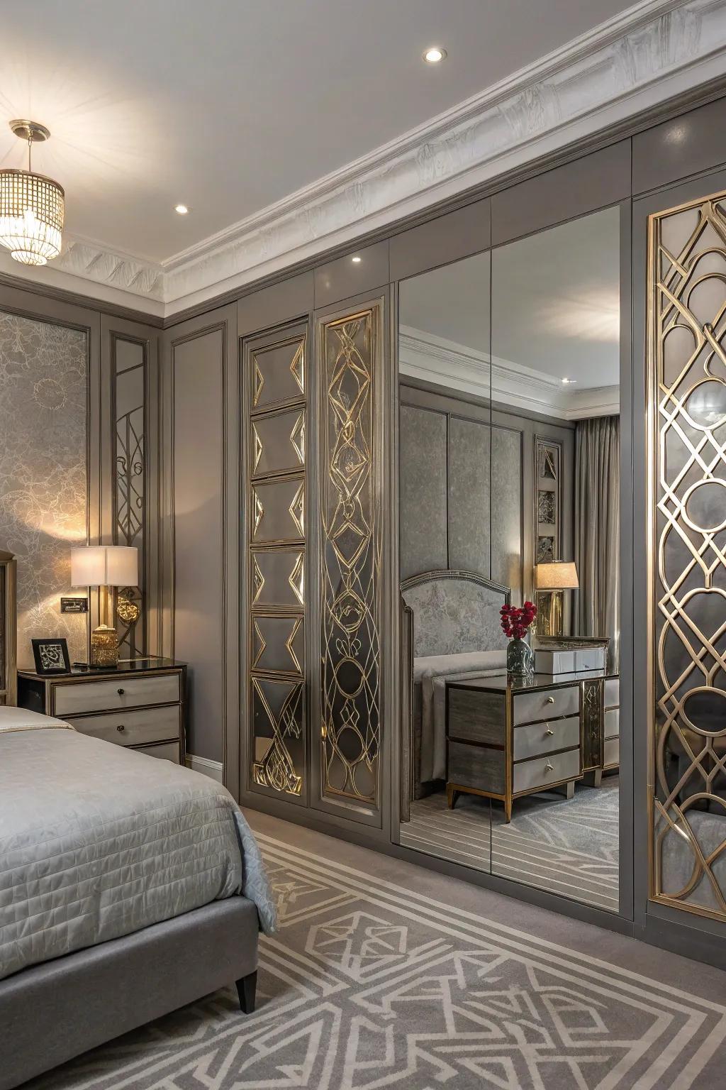 Art Deco elements add a touch of glamour to a repose gray bedroom.