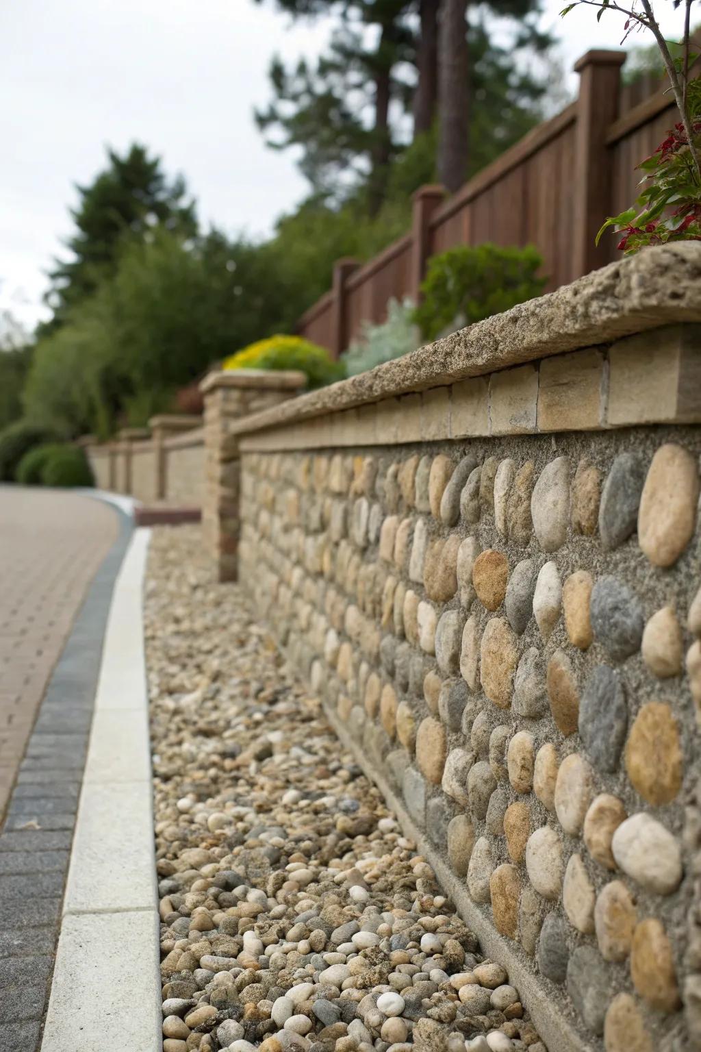 Pebble-embedded caps lend texture and tactile allure.