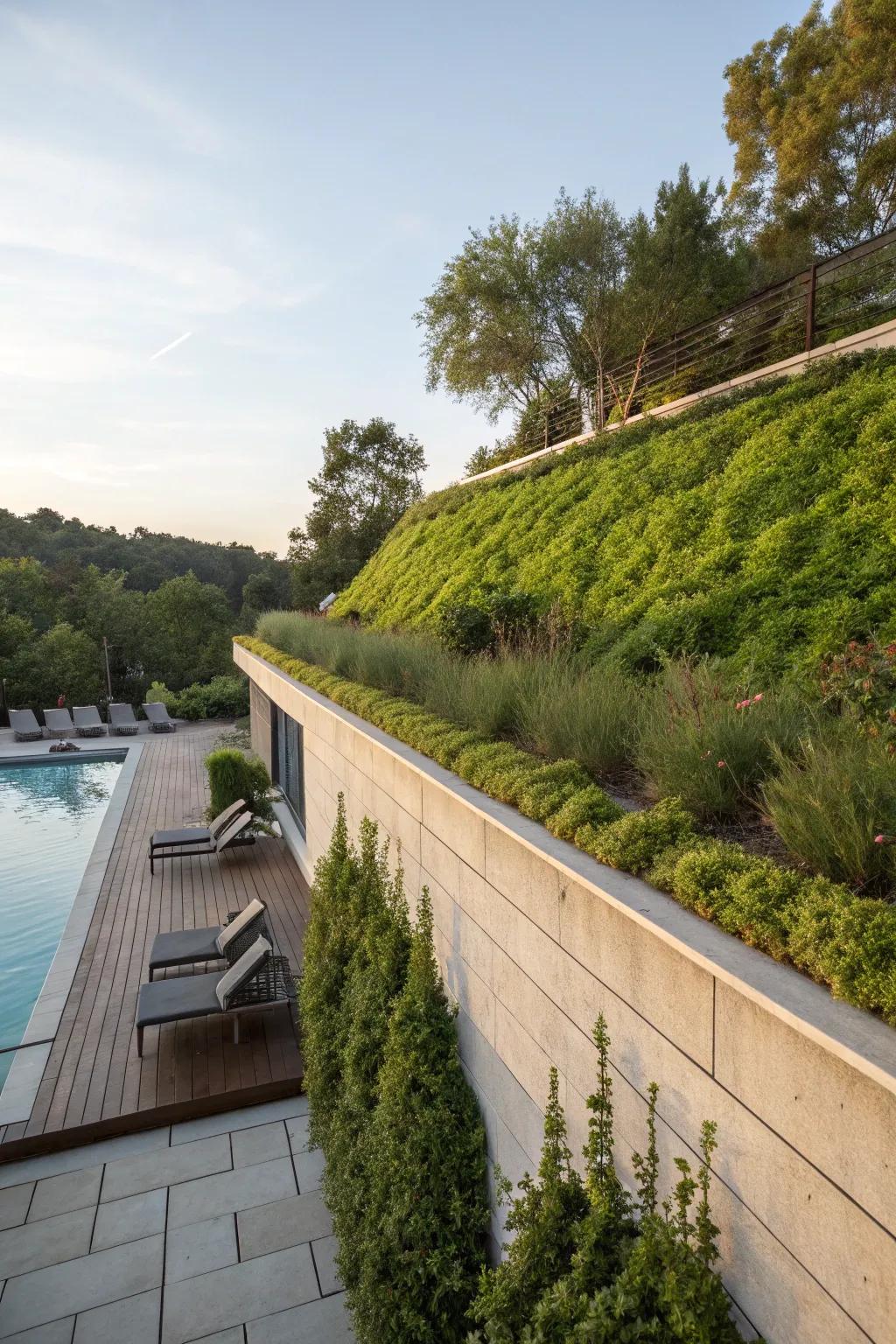An eco-friendly green roof enhancing a retaining wall.