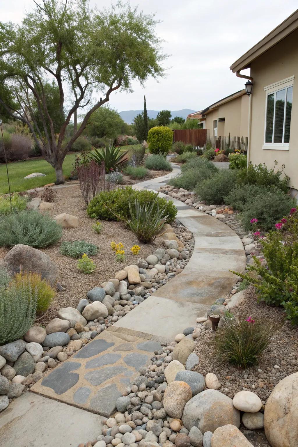 River stones and drought-resilient flora compose an eco-conscious xeriscape.