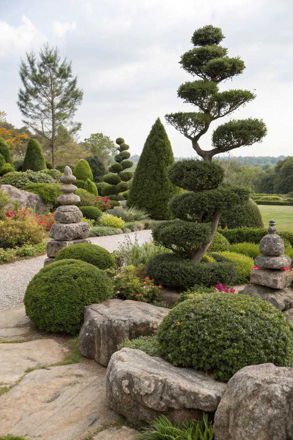 Artistic stone topiaries adding whimsy and elegance to a garden.