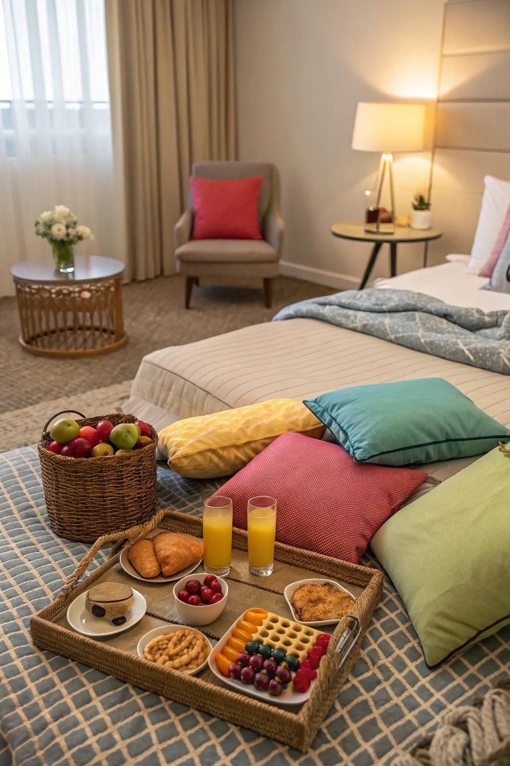 An indoor picnic gives a cozy and romantic vibe.