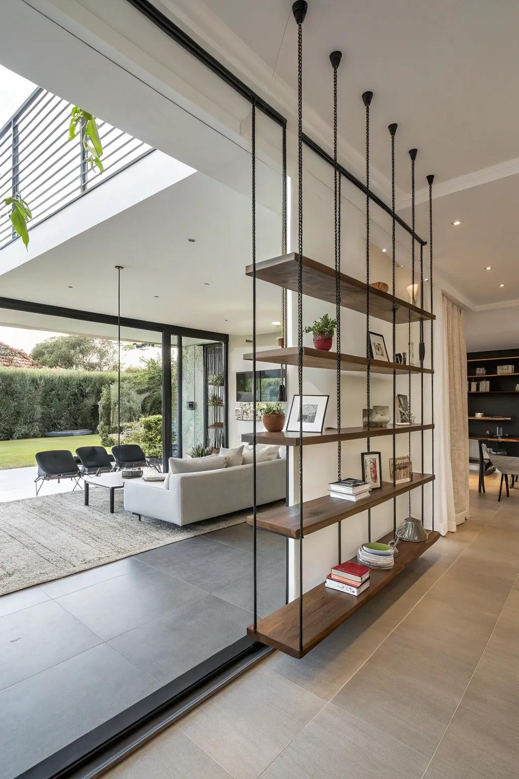 Suspended shelves offer stylish storage and division without cluttering the floor.