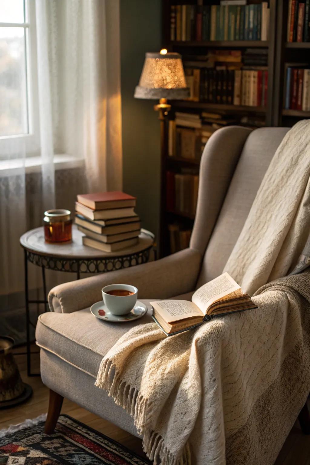 A comfortable reading spot welcomes relaxation and peace.