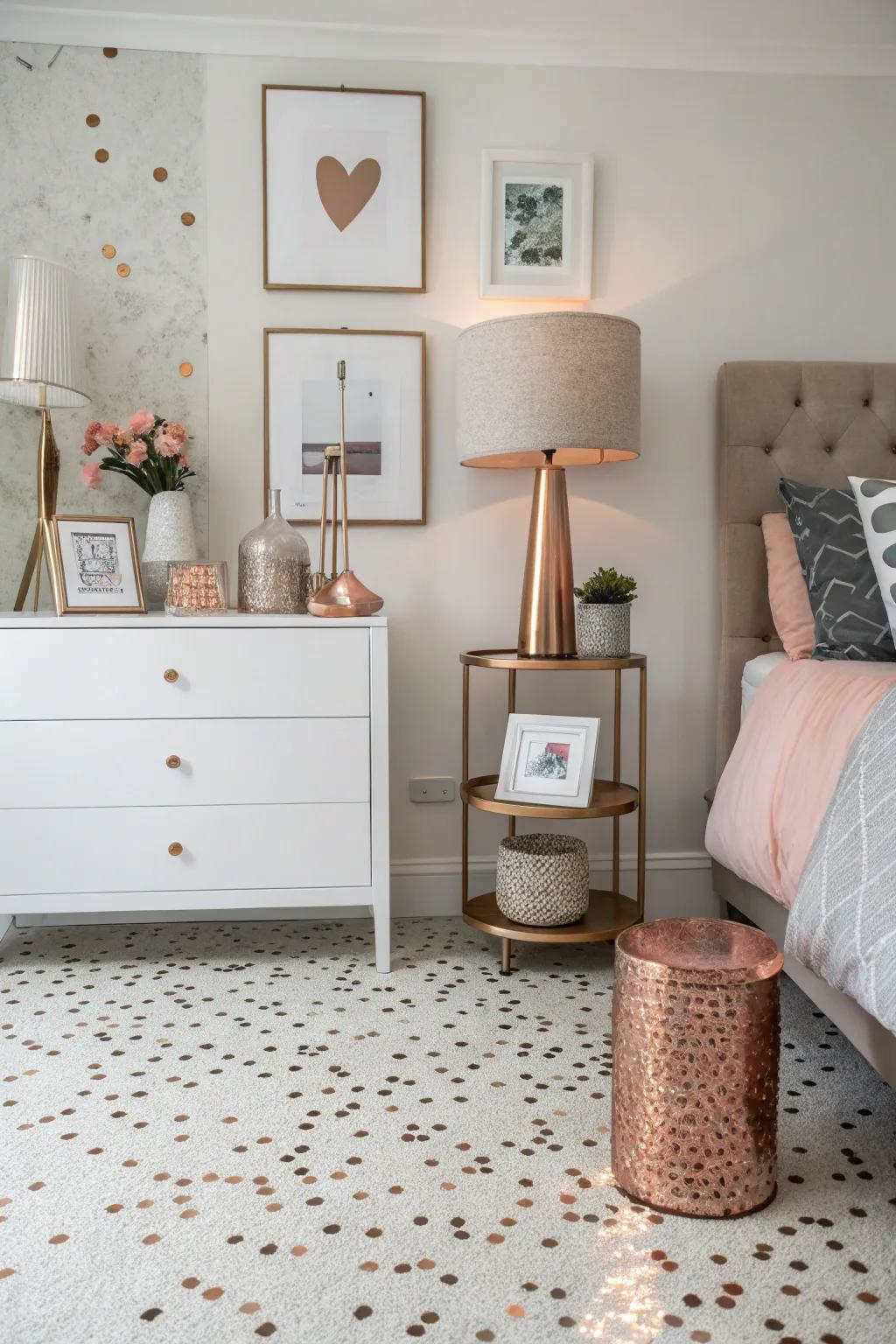 Terrazzo and rose gold easily bring together a modern bedroom.