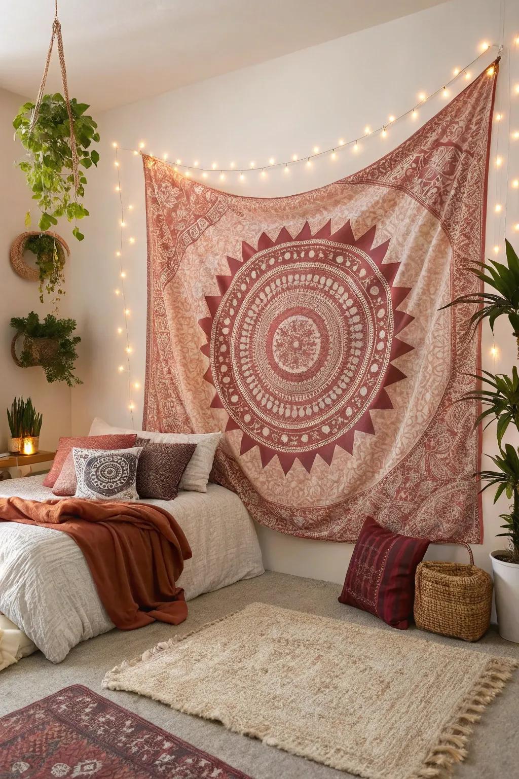 A gleaming gold and burgundy wall hanging injects dimension and artistic flair.