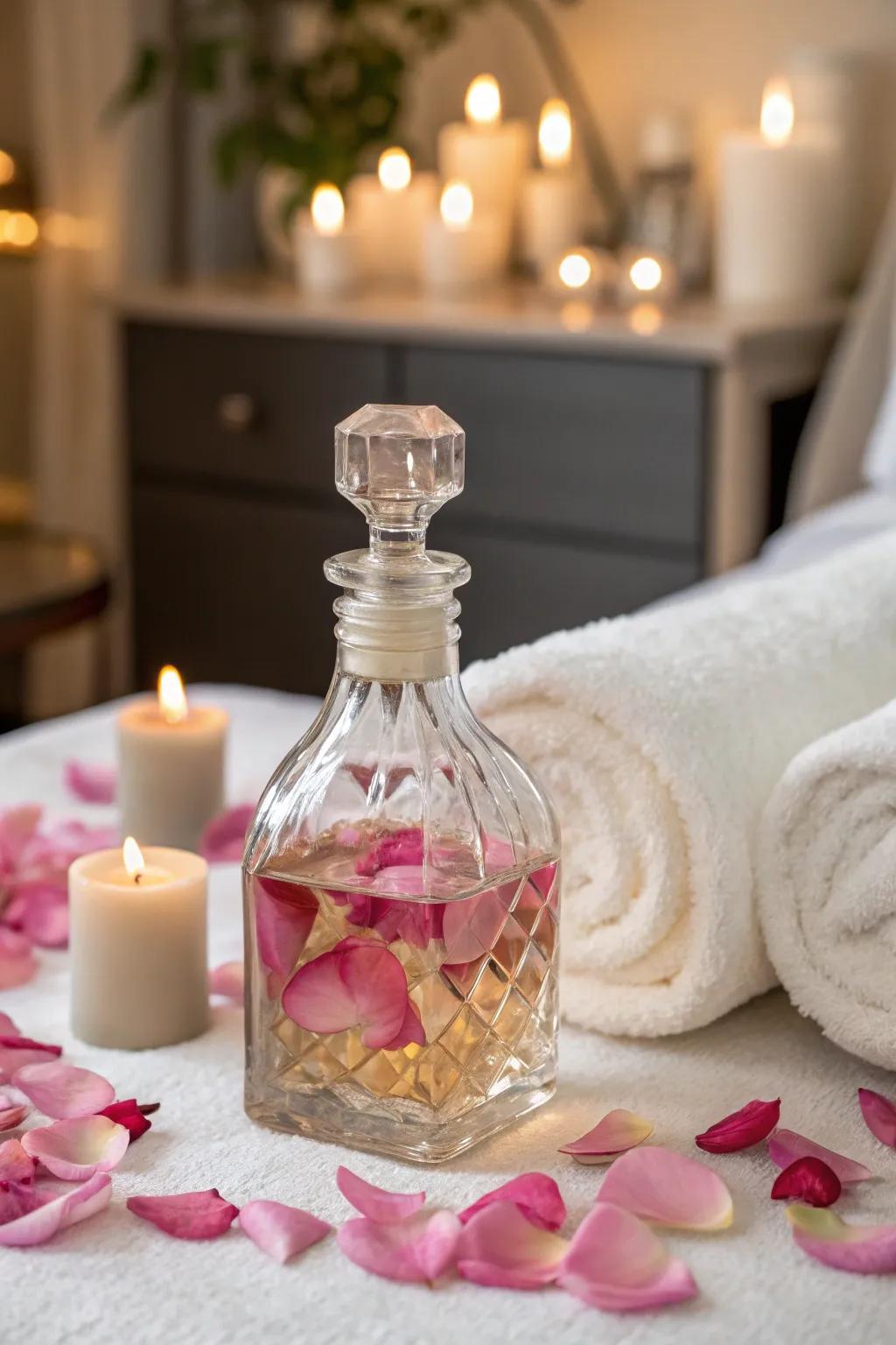 A bottle of homemade rose petal-infused essence