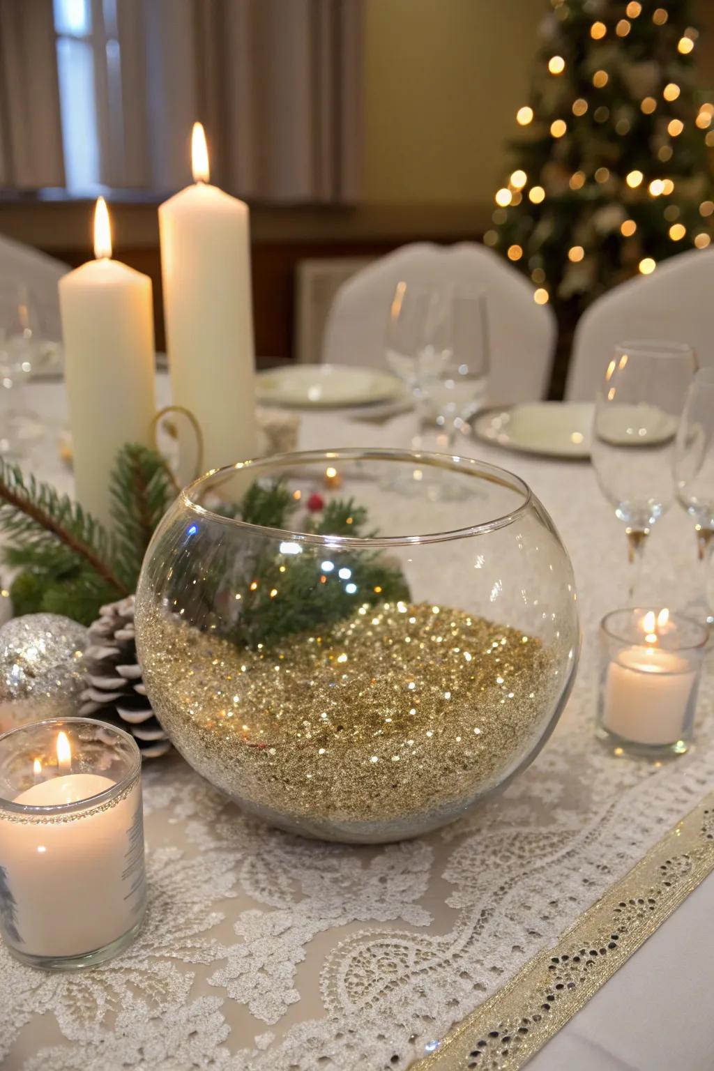 Glitter in a glass bowl injects a festive shine.