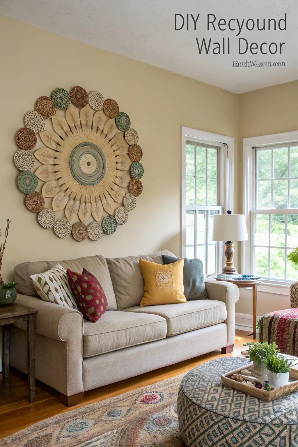 Living room with a DIY circular wall decor made from recycled materials.