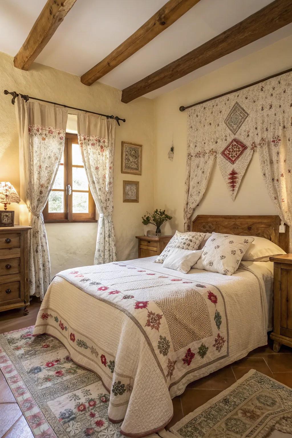Patterns provide visual appeal to this countryside bedroom.