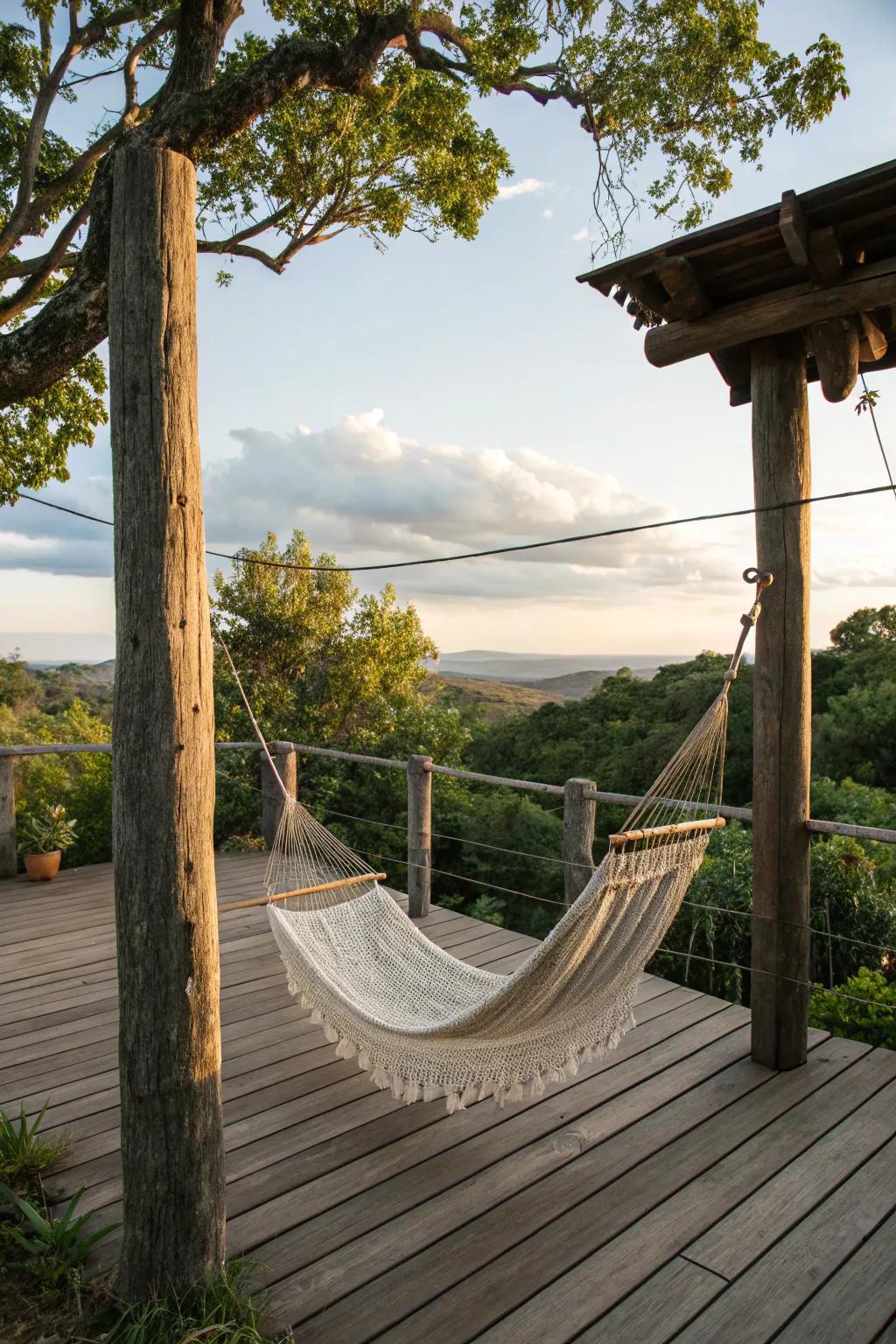 A hammock offers an ideal relaxation spot on this countryside deck.