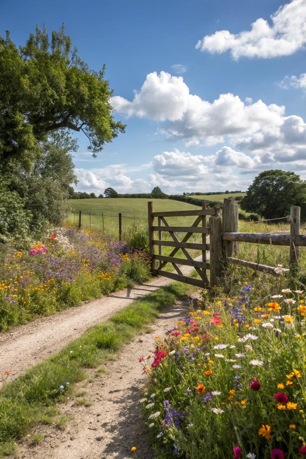 A homestead portal framed by a colorful wildflower perimeter.