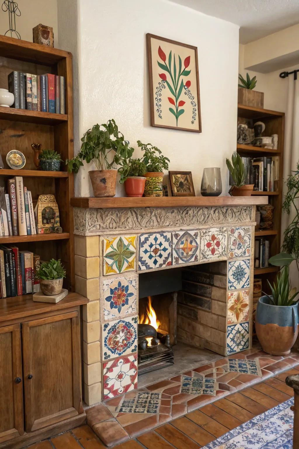 Ceramic tiles incorporate hue and pattern to this artistic country-style fireplace.