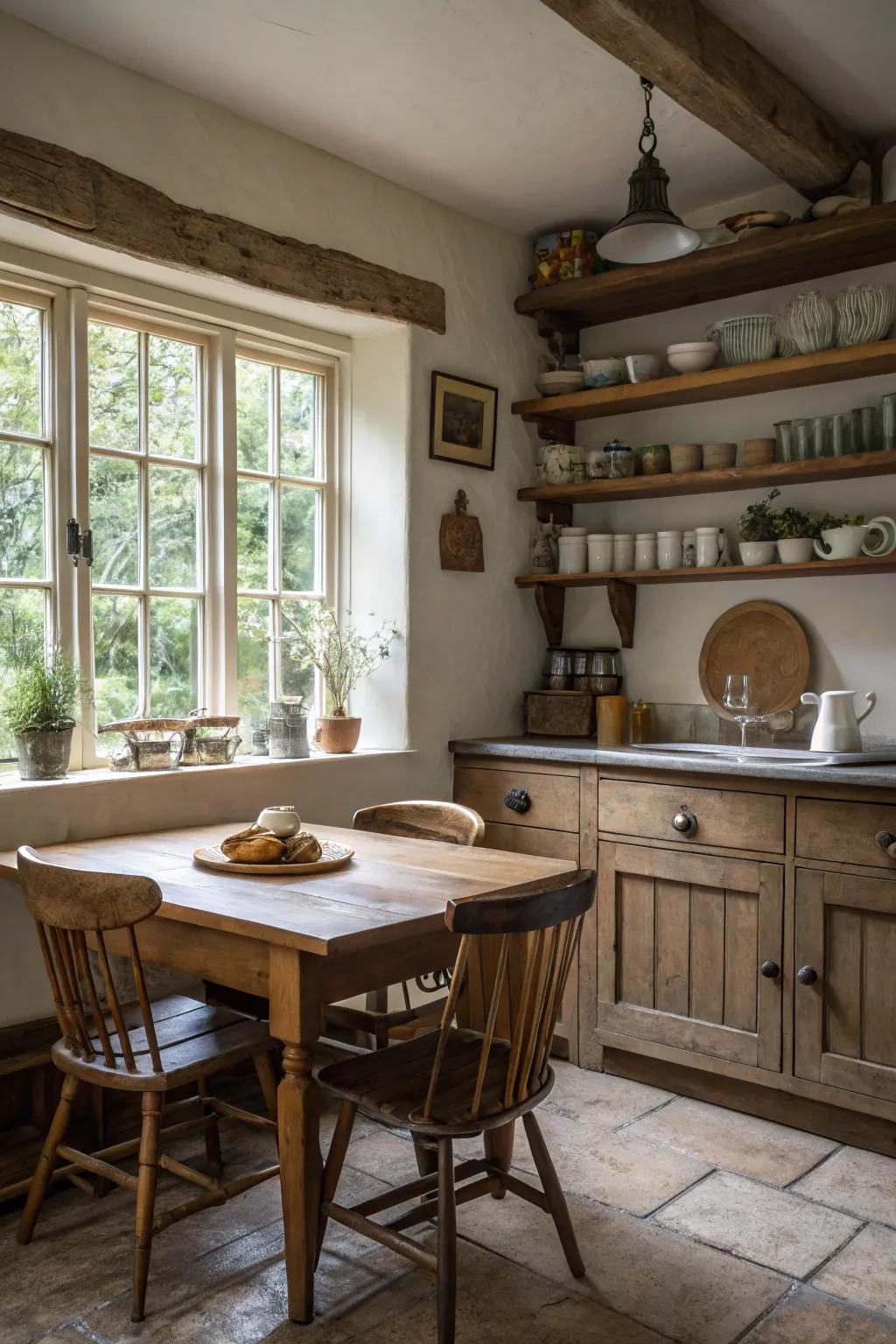 A cozy dining area enhances the kitchen's homely feel.