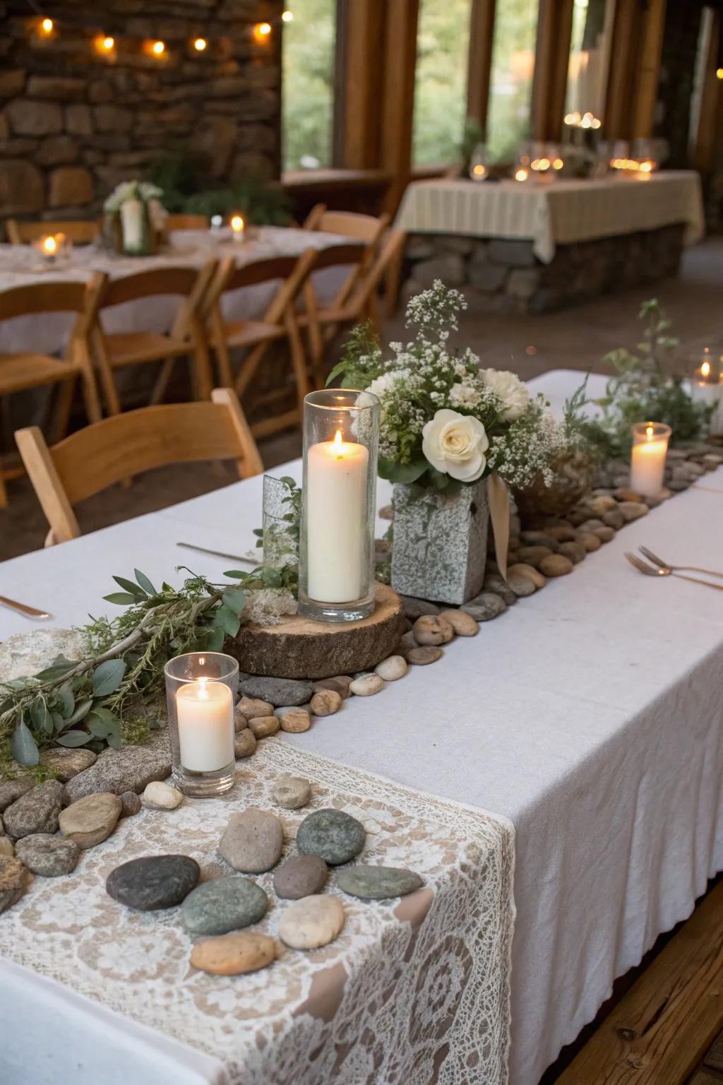 Organic stone elements enhancing the earthy vibe of the head table.