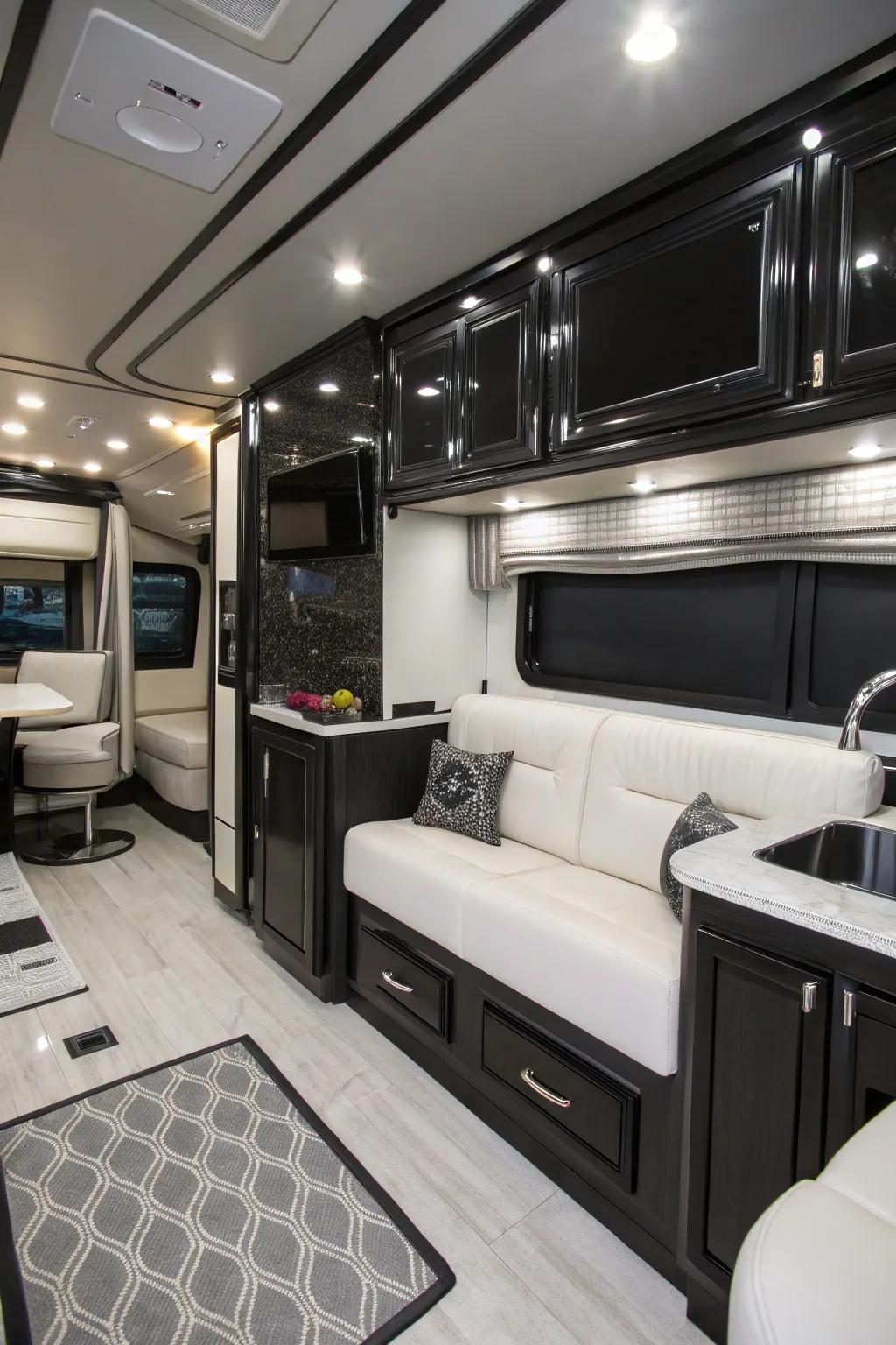 An alabaster and obsidian scheme cultivates an ageless RV interior.
