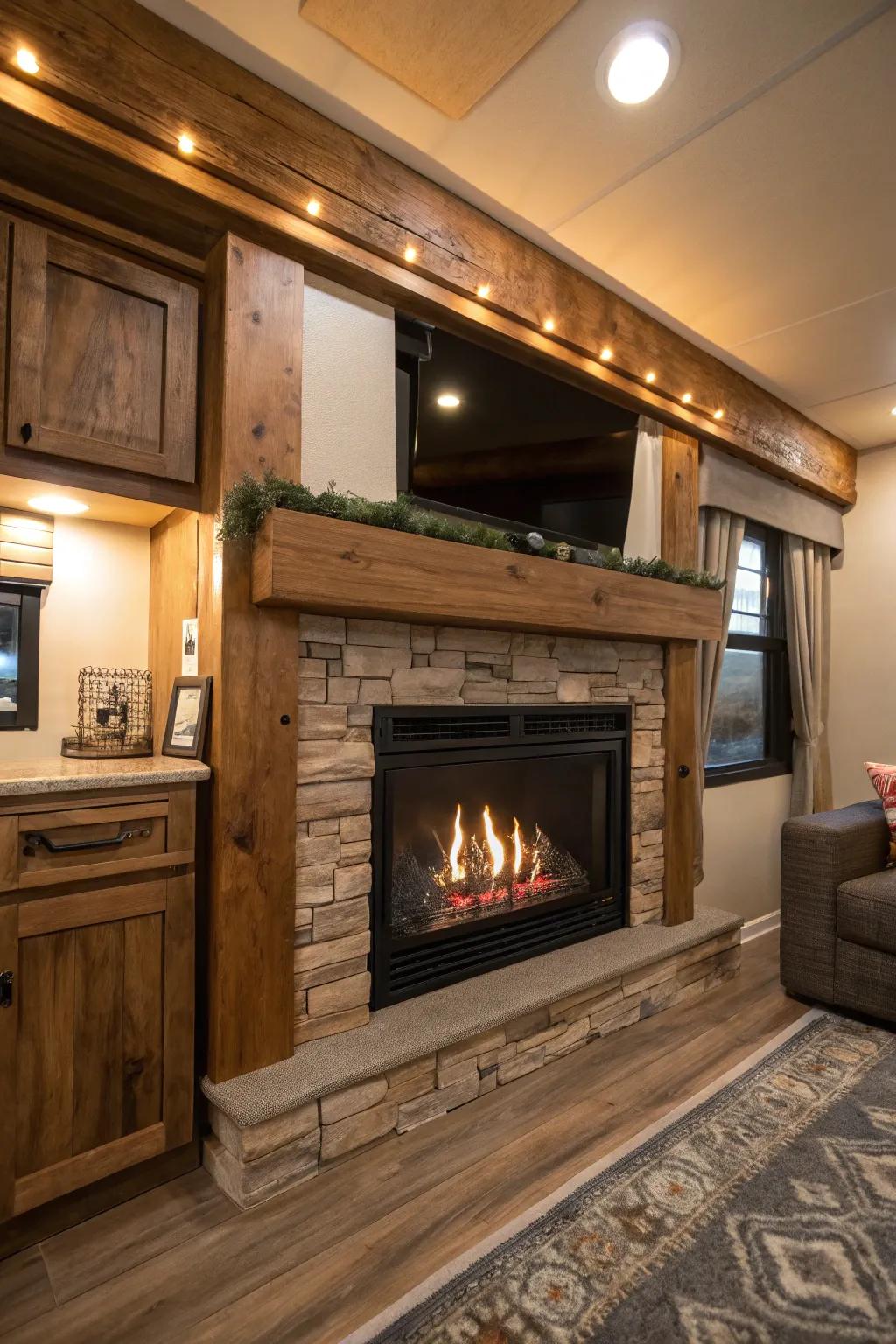 Timber beam mantelpieces add rustic style above fireplaces.