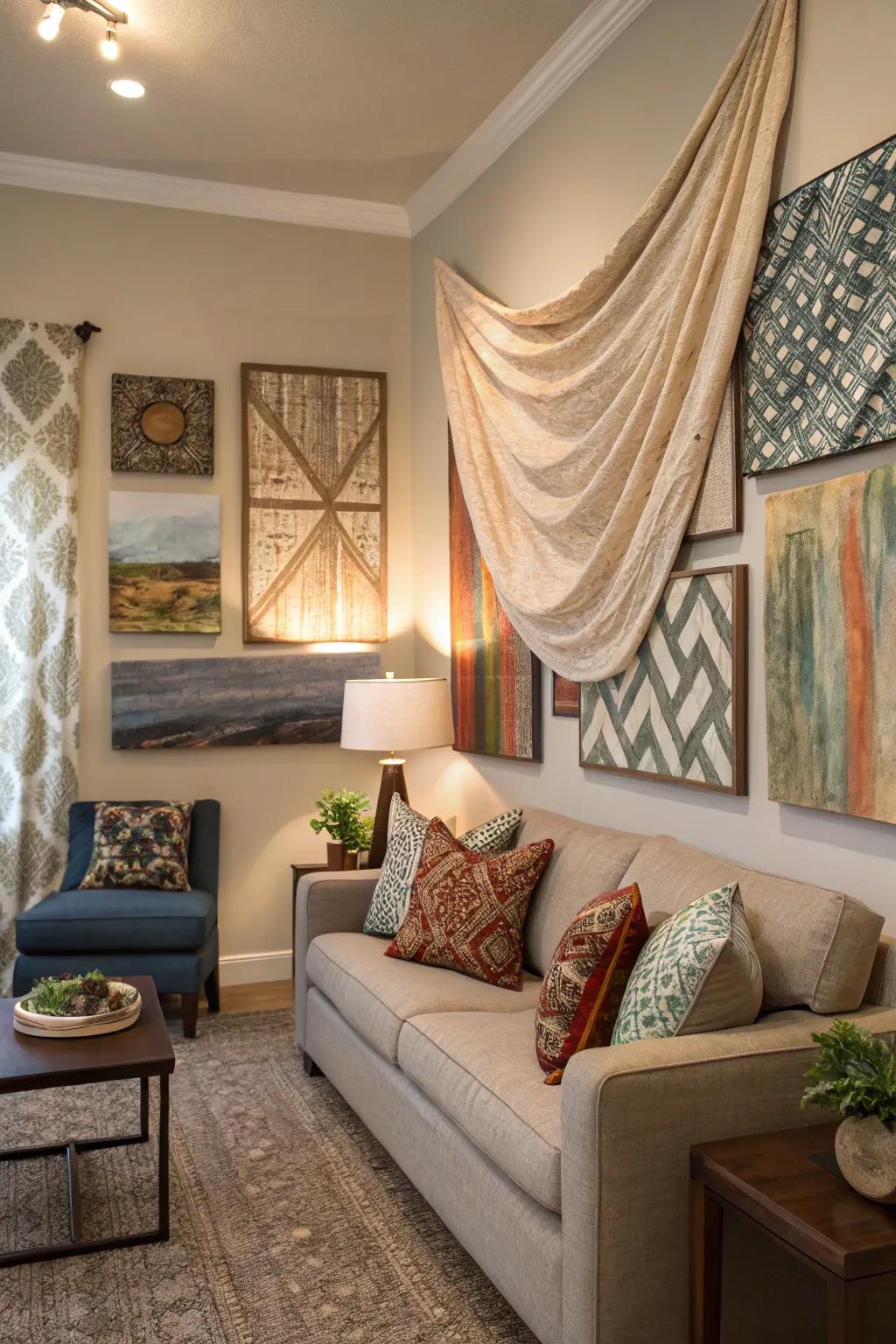 A living room featuring layered art combining board and fabric