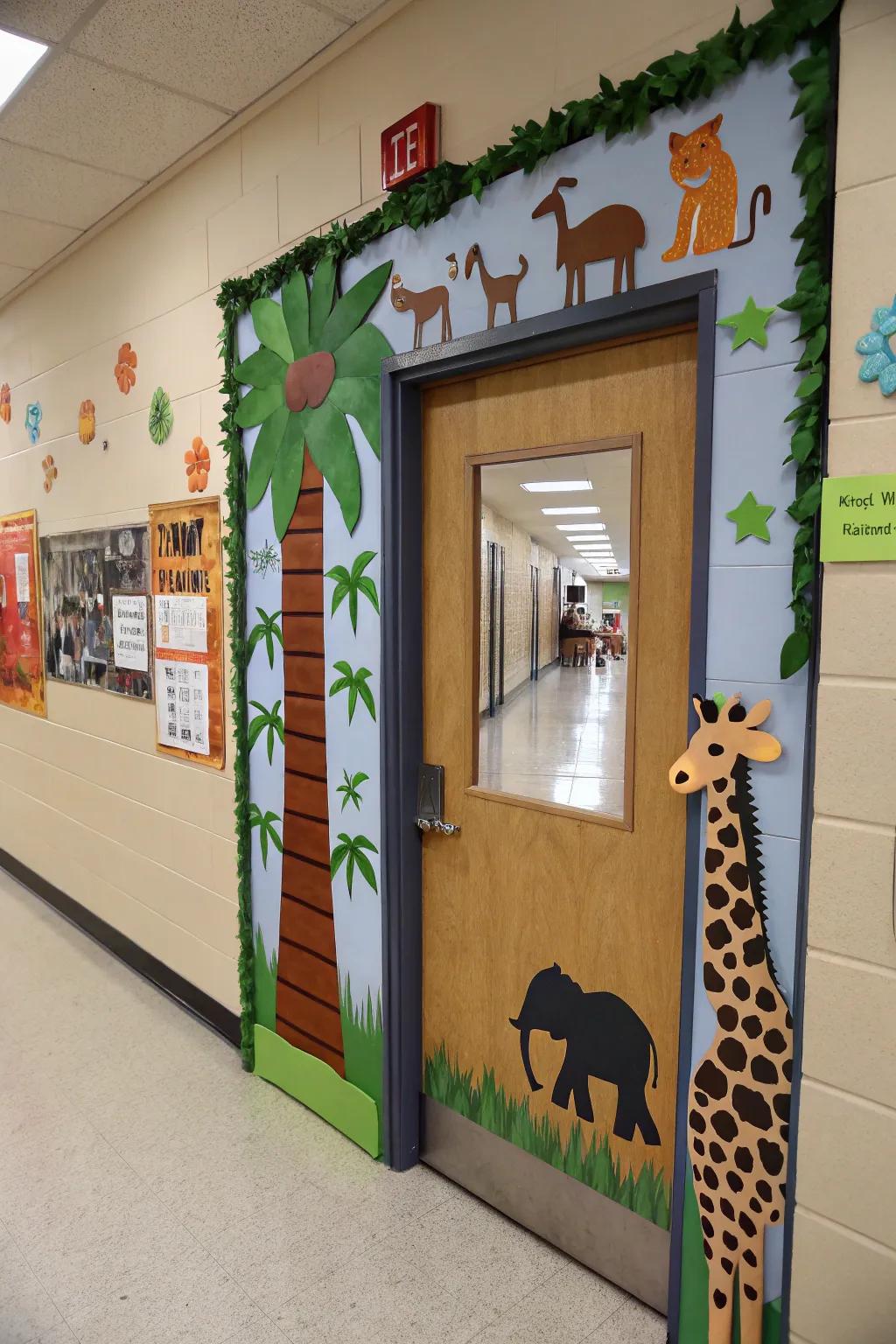 A lively animal kingdom-themed school entrance.