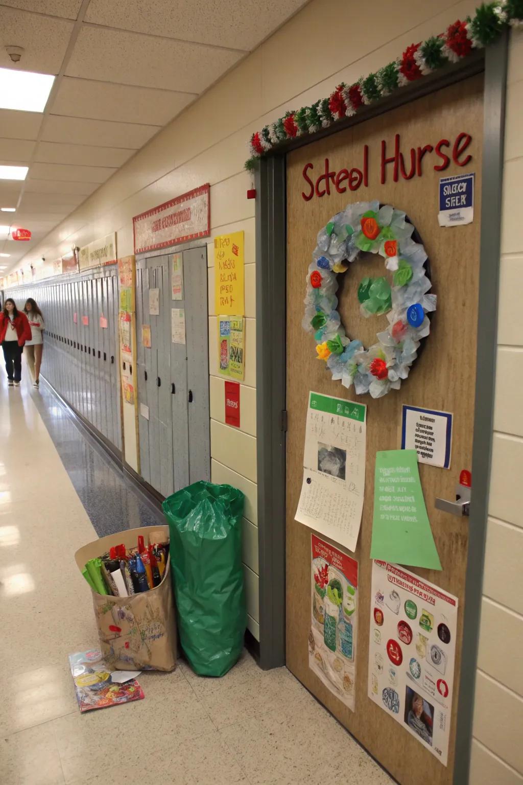An eco-friendly school nurse’s door utilizing recycled materials.