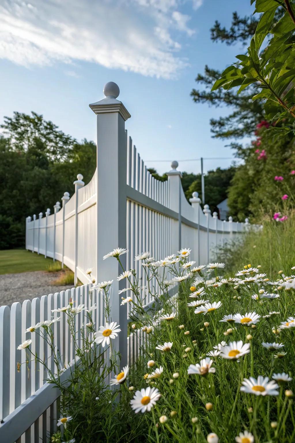 A modern twist on the traditional picket fence adds charm and partially-privacy to this garden.