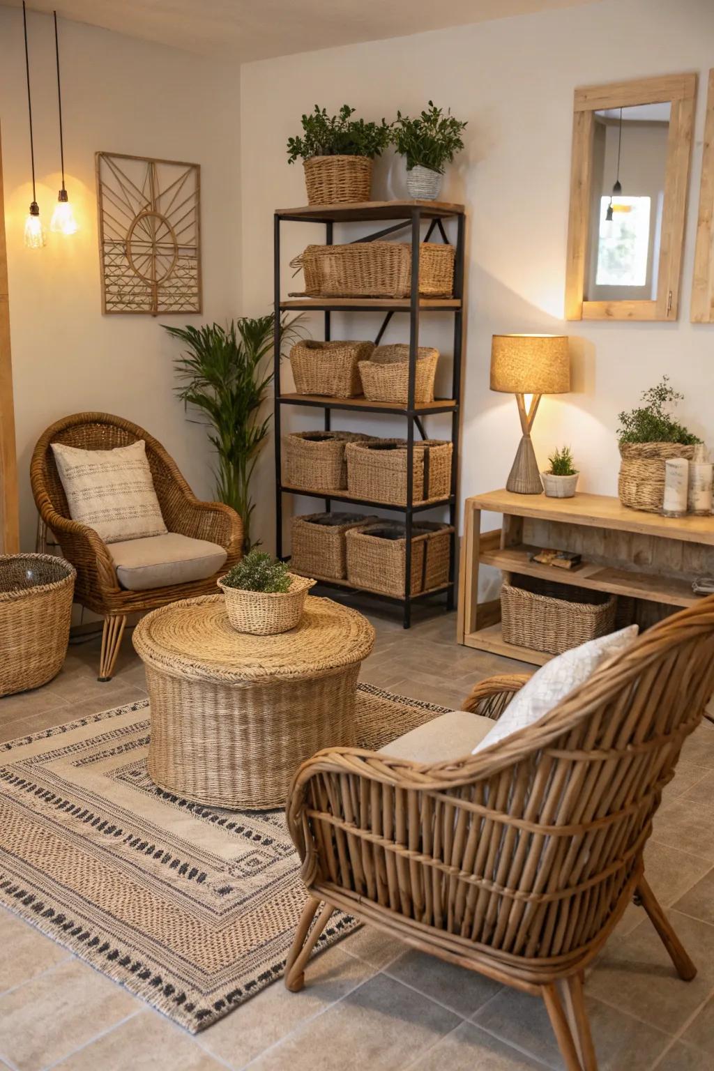 The natural appeal of the space is enhanced by woven plant fiber accents.